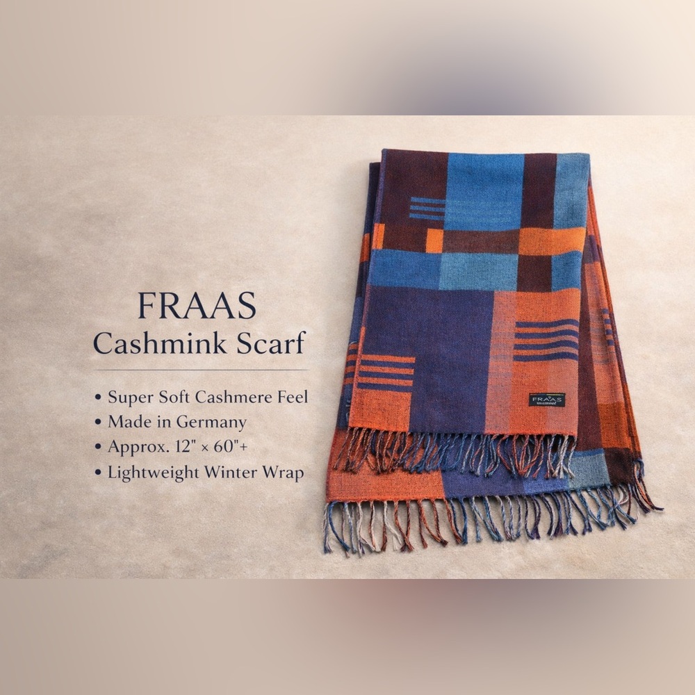 FRAAS Cashmink Scarf Made in Germany Geometric Colorblock Fringe Wrap